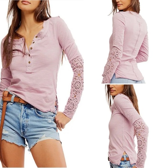 Free People Tops - NWT Free People Our Song We The Free Henley Long Crochet Sleeve Top Pink XS